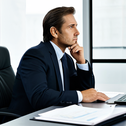 Home 18 A professional businessman in a modest, dark business suit, sitting at a polished desk in a modern, well-lit office. He is deep in thought, contemplating a declining financial graph displayed on a large monitor, with a contemplative yet determined expression. The office is minimalist and professional, with natural light filtering in. Perfect anatomy, correct proportions, natural pose, well-formed hands, proper finger count, safe for work, appropriate content, fully clothed, professional dress, modest clothing, family-friendly.