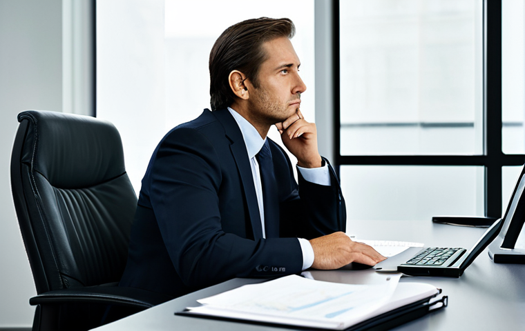 A professional businessman in a modest, dark business suit, sitting at a polished desk in a modern, well-lit office. He is deep in thought, contemplating a declining financial graph displayed on a large monitor, with a contemplative yet determined expression. The office is minimalist and professional, with natural light filtering in. Perfect anatomy, correct proportions, natural pose, well-formed hands, proper finger count, safe for work, appropriate content, fully clothed, professional dress, modest clothing, family-friendly.