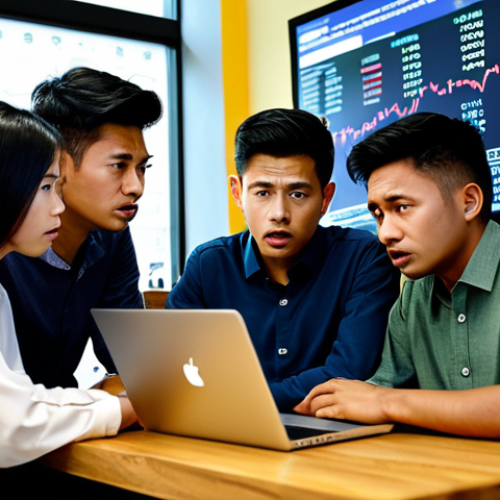 Home 8 **
"A group of friends, fully clothed in casual Malaysian attire, gathered around a laptop in a coffee shop, looking worried and confused at a stock market chart. The scene depicts a discussion about investment losses due to following trends blindly. Safe for work, appropriate content, professional illustration, modest clothing, perfect anatomy, natural expressions, high quality."
**