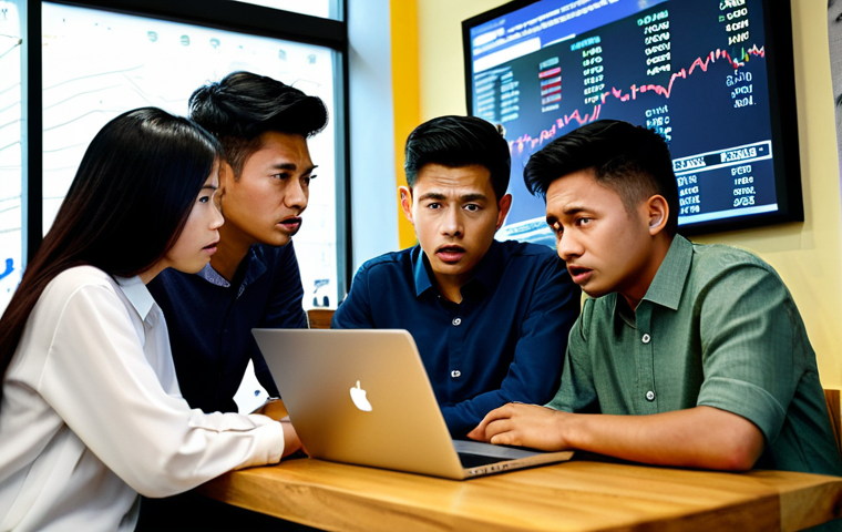 **

"A group of friends, fully clothed in casual Malaysian attire, gathered around a laptop in a coffee shop, looking worried and confused at a stock market chart. The scene depicts a discussion about investment losses due to following trends blindly. Safe for work, appropriate content, professional illustration, modest clothing, perfect anatomy, natural expressions, high quality."

**